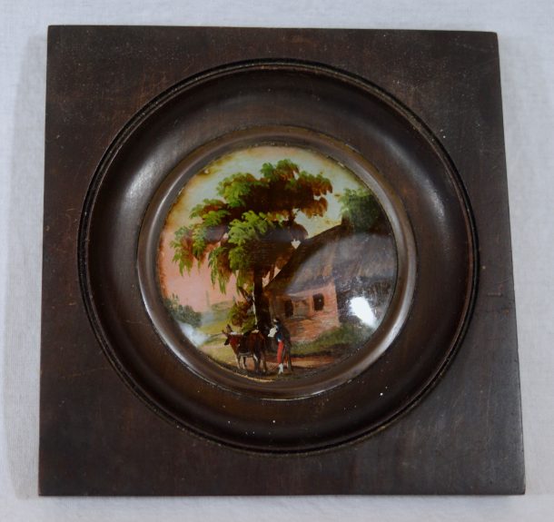 Suite de cinq fixés sous verre  Huile sur cuivre XIX ème