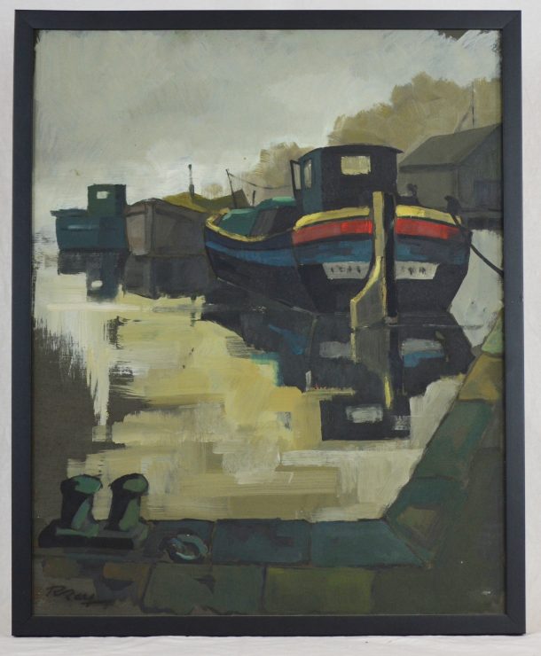 R.Ray "Péniche au canal" Huile sur panneau XX ème