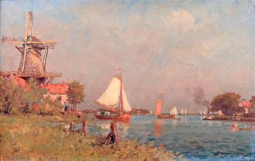 Paul Bellanger-Adhémar  "Bords de rivière en Hollande" Huile sur toile  XIX / XX ème