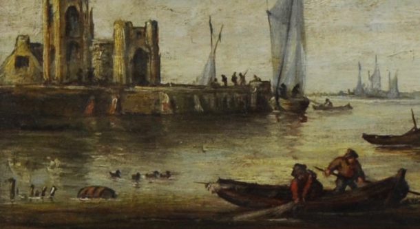 "Pécheurs au port" école flamande Huile sur panneau bois XIX ème