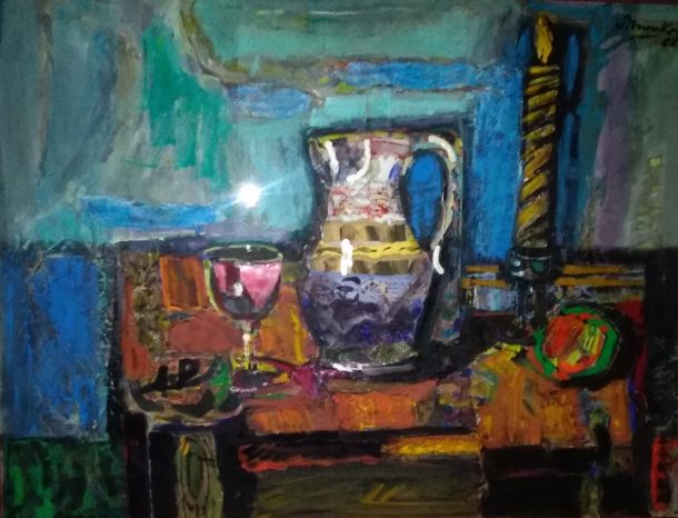 Georges SIMONKA "Nature morte au Pichet" Huile et collage XX ème