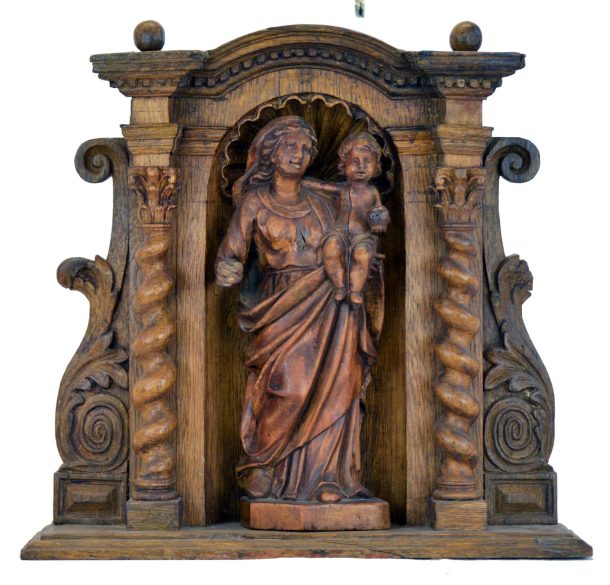 «Vierge à l’enfant» Statue et son support  partie d’un rétable en bois sculpté