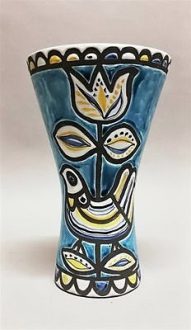 Vase diabolo Roger CAPRON (1922-2006)  en céramique émaillée à décor d'oiseau et de fleur