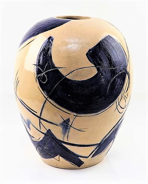 Jean MIOTTE (1926-2016)  Grand pot en céramique émaillée Composition en bleu XX -ème