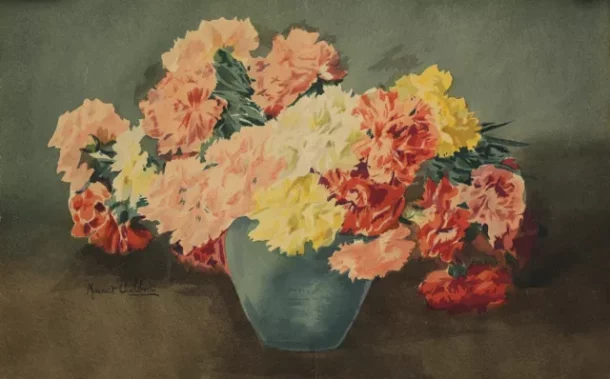 Marguerite CHALIBERT  Aquarelle originale vers 1930 représentant un bouquet de fleurs