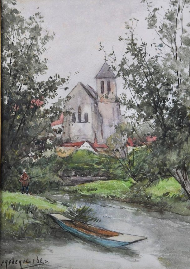 FREDERIC EDE  Aquarelle Pécheur sur les bord du LUNAIN  XIX / XX èmè