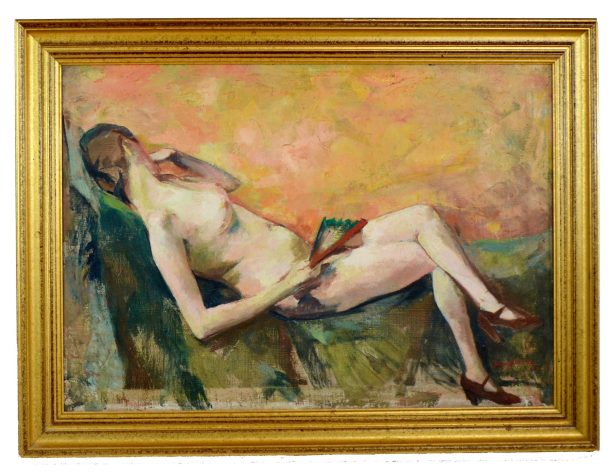jacques bergmans "Nu couché à l'éventail" huile sur toile XX ème