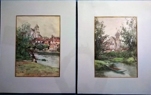 Frédéric-Charles-Vipont EDE  Paire d' aquarelles  "Bords du Lunain"  XIX / XX ème