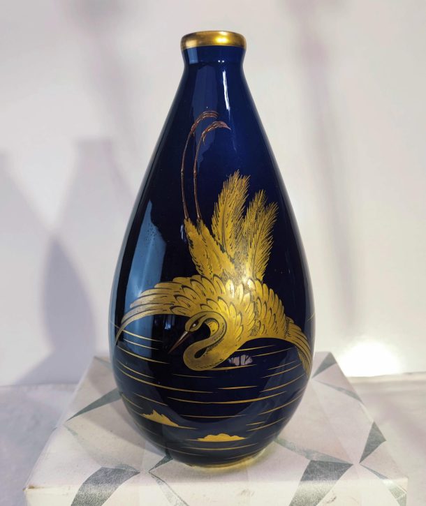  Gustave ASCH (1856-1911) vase en porcelaine Art nouveau sur fond Bleu de Tours et or