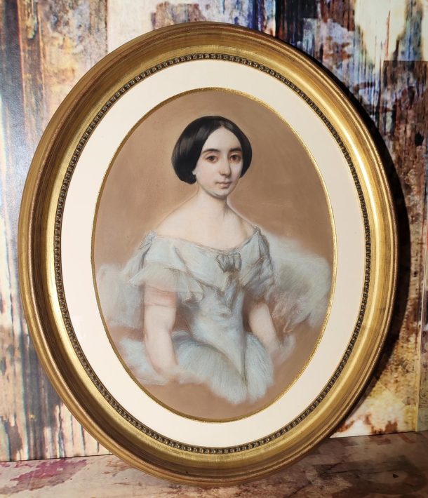 Pastel portrait de jeune femme "Lydie Bordery" par Benoit Blanc 1855