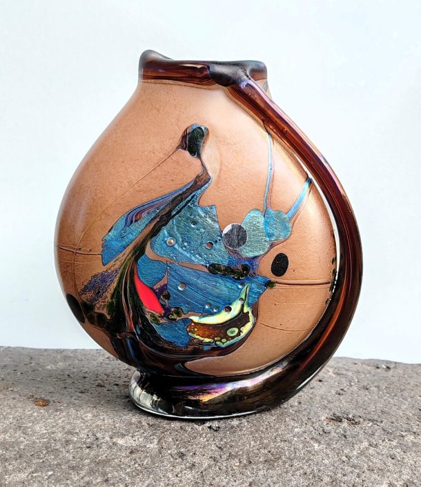 Robert Pierini  Biot Vase Verre Ocre/Bleu  Pied Cordon  années 1990